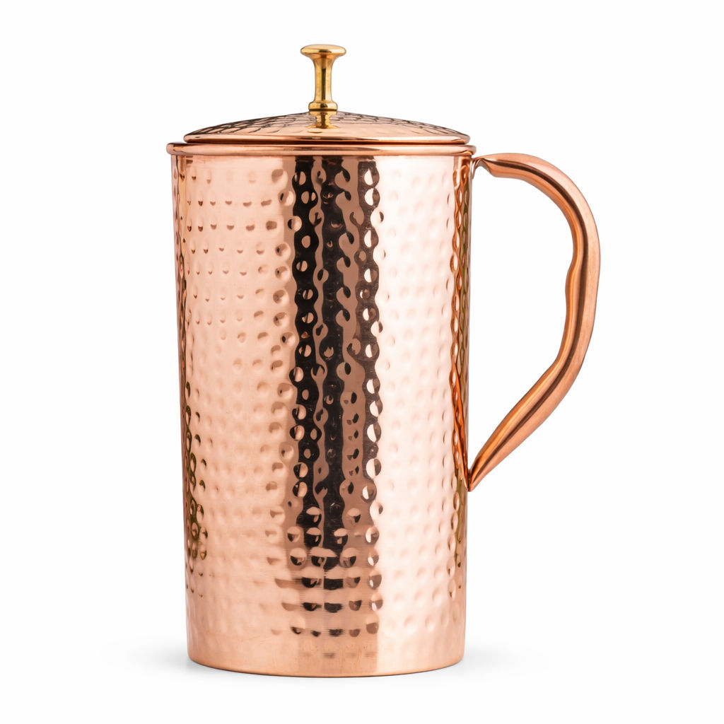 Pure copper hammered antique design jug, pitcher with brass knob on lid hammered, 2000 ML